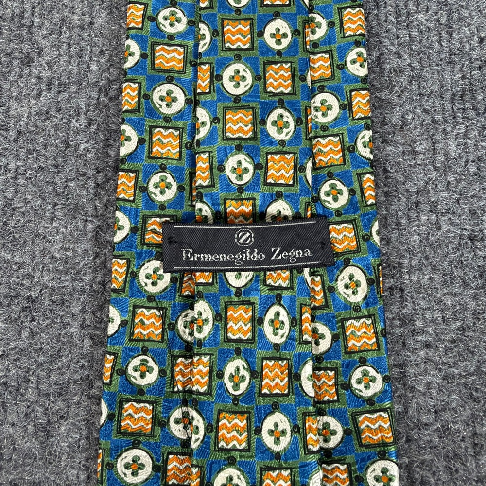 Ermenegildo Zegna Silk Tie Blue Green Geometric Pattern Made in Italy #4924